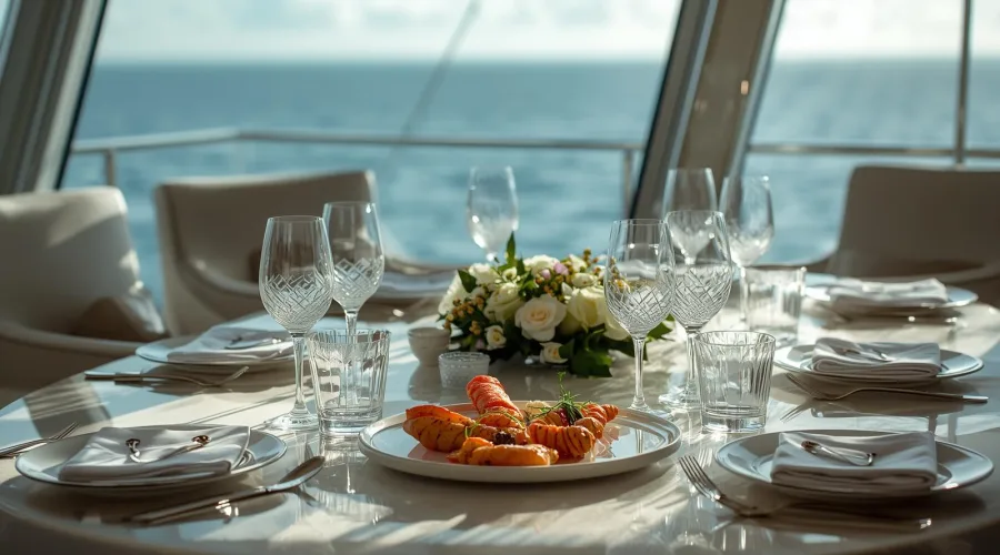 Table élégante sur un yacht face à la mer, préparée pour un événement d’entreprise à Barcelone