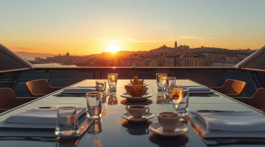 Table dressée pour un événement d’entreprise sur un yacht au coucher du soleil avec vue sur le skyline de Barcelone