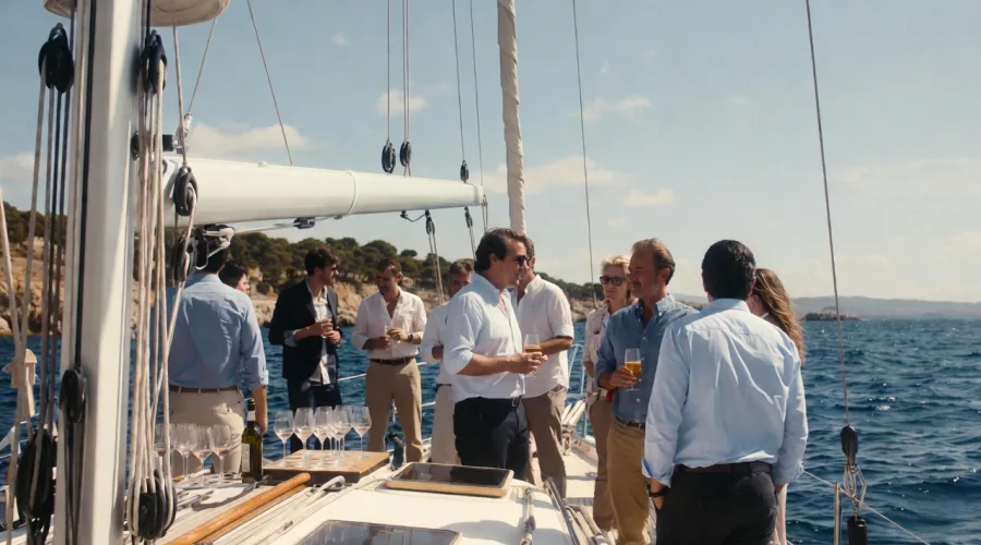 Groupe de cadres en train de discuter et de trinquer sur le pont d’un yacht lors d’un événement d’entreprise à Barcelone