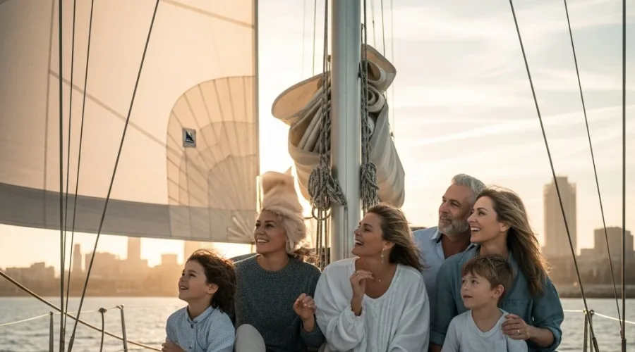 Familia disfrutando de una reunión en barco en Barcelona al atardecer frente al mar