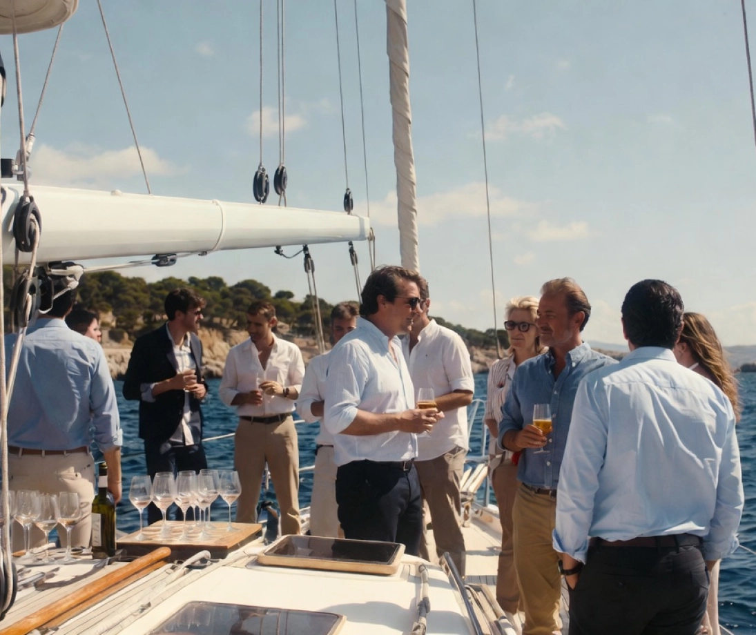 Group of people enjoying a luxury sailing trip near the city at sunset