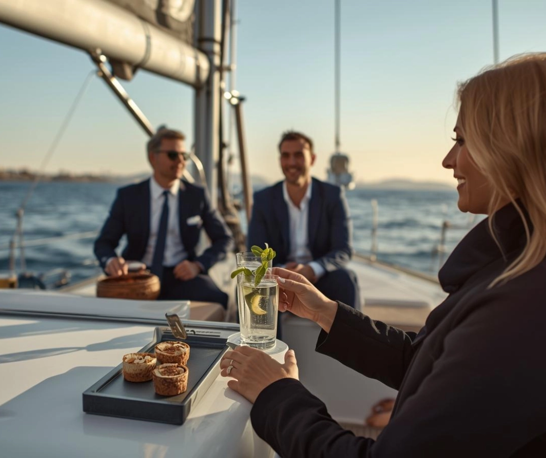Gruppe von Personen, die einen Ausflug auf einer luxuriösen Segelyacht genießt und bei Sonnenuntergang in der Nähe der Stadt segelt