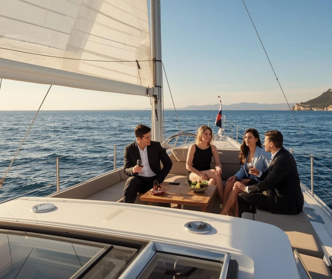 Group of people enjoying a luxury sailing trip near the city at sunset