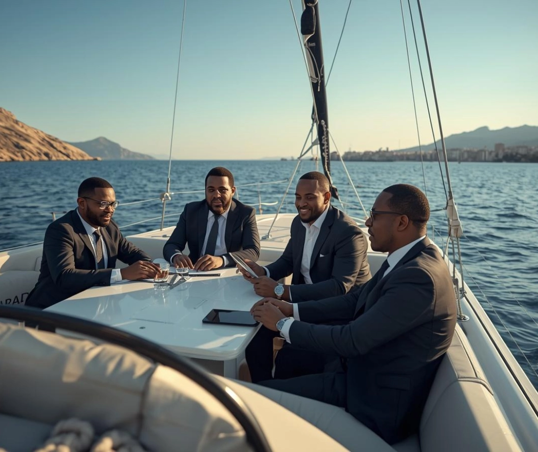 Group of people enjoying a luxury sailing trip near the city at sunset