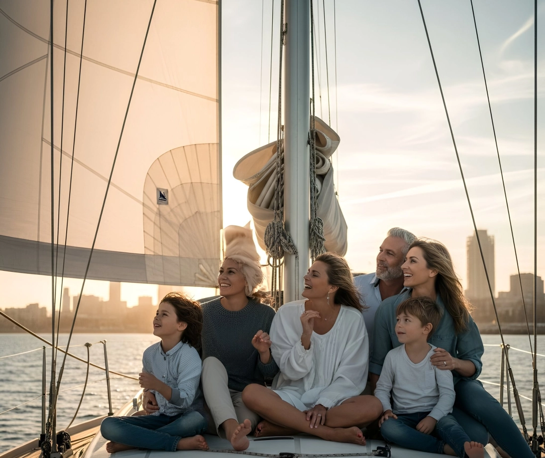 Group of people enjoying a luxury sailing trip near the city at sunset