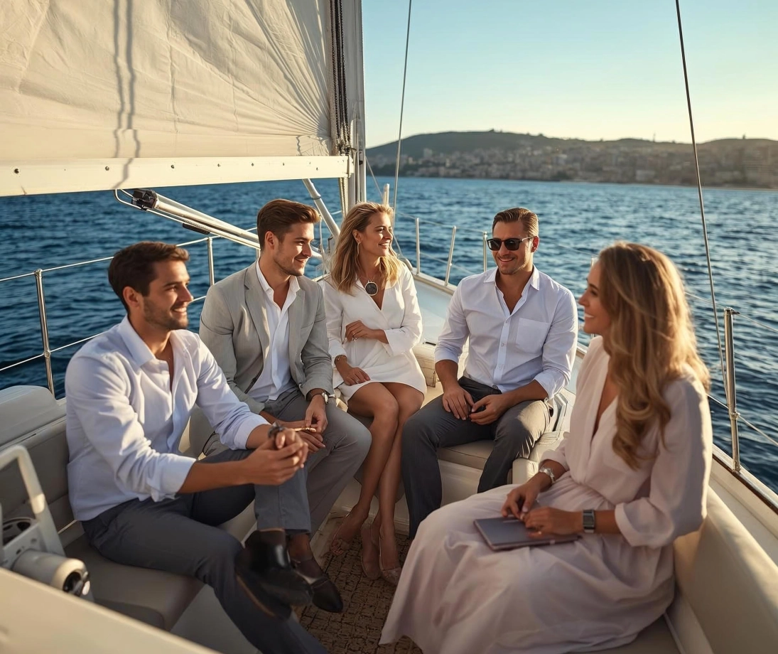 Gruppo di persone che si godono un’uscita in barca a vela di lusso navigando vicino alla città al tramonto