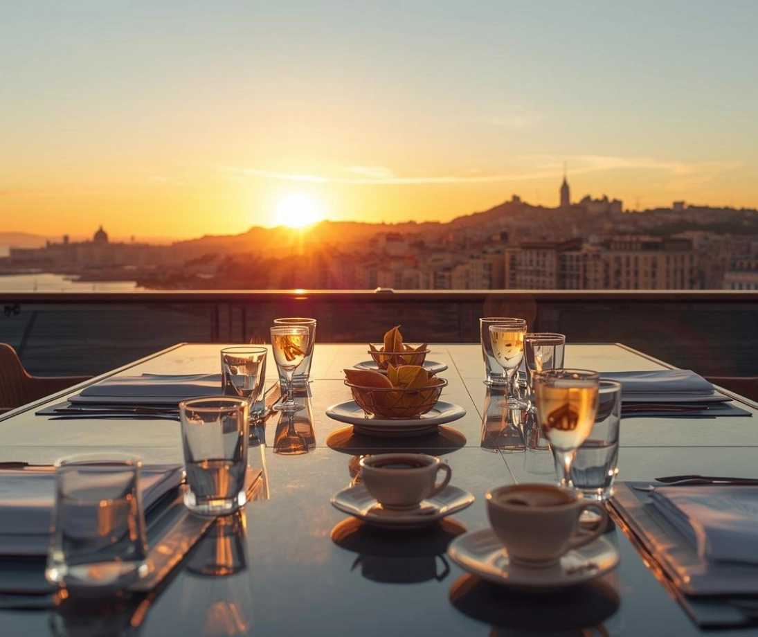 Grupo de personas disfrutando de una salida en velero de lujo navegando cerca de la ciudad al atardecer