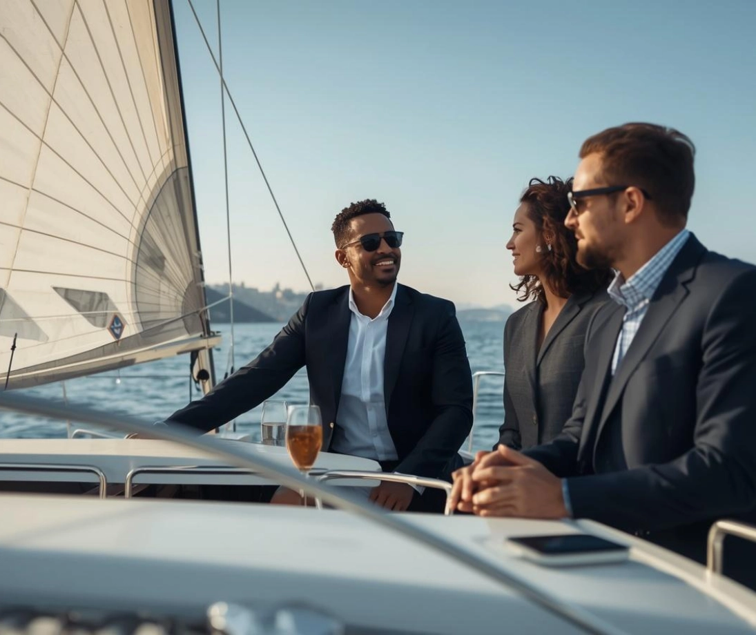 Grup de persones gaudint d'una sortida en veler de luxe navegant prop de la ciutat al capvespre