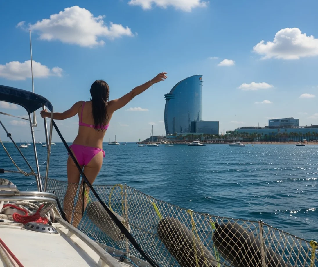 Tres persones parlant relaxadament en un veler de luxe davant l’skyline de Barcelona al capvespre