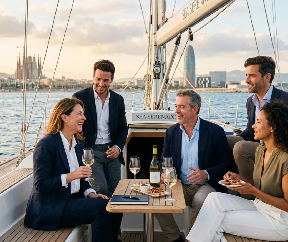 Three people talking casually on a luxury sailboat in front of the Barcelona skyline at sunset