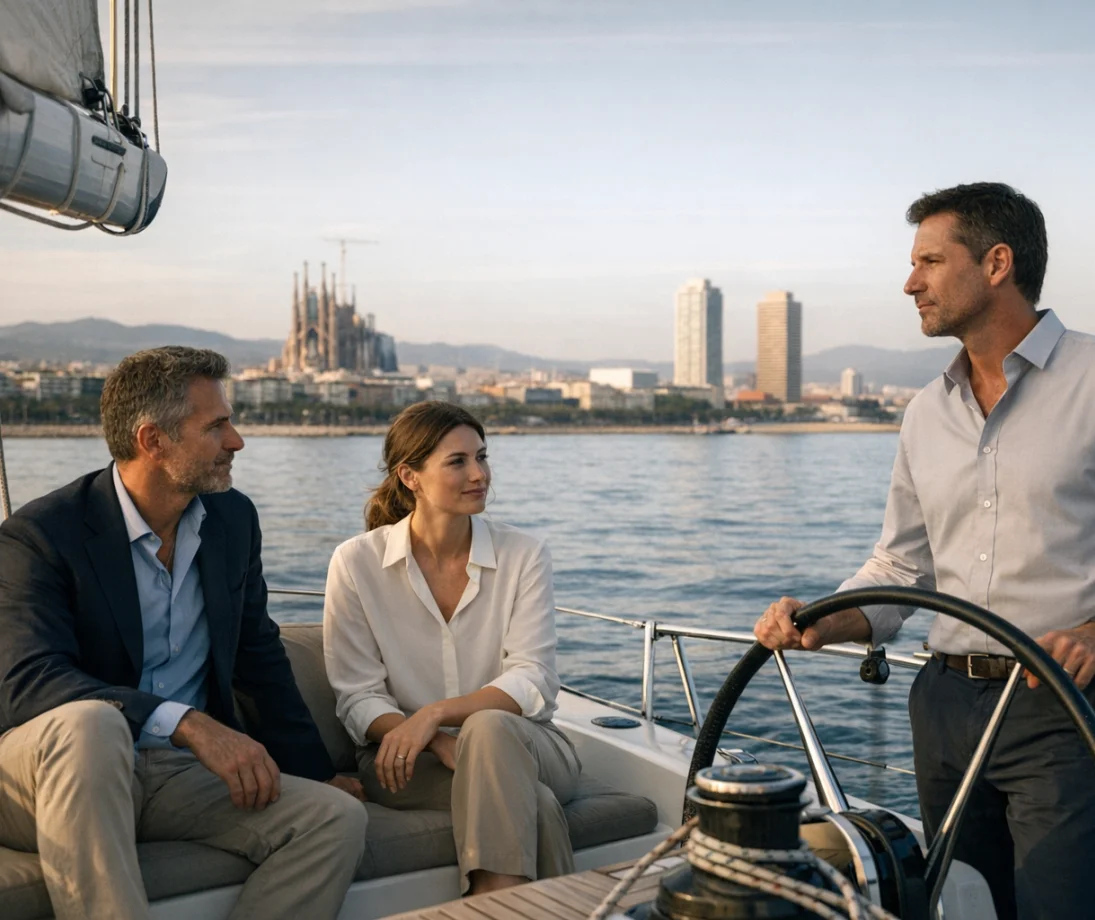 Tres personas hablando relajadas en un velero de lujo frente al skyline de Barcelona al atardecer