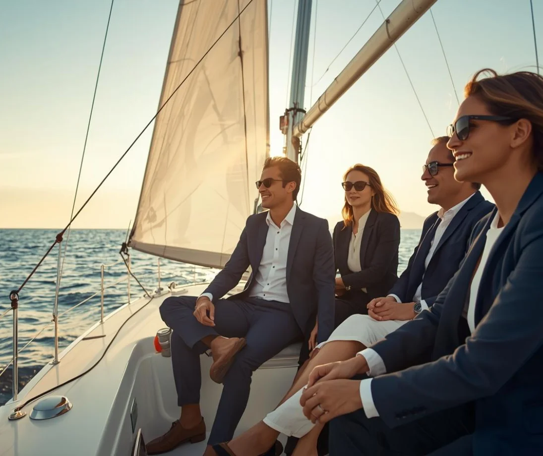 Tres personas hablando relajadas en un velero de lujo frente al skyline de Barcelona al atardecer