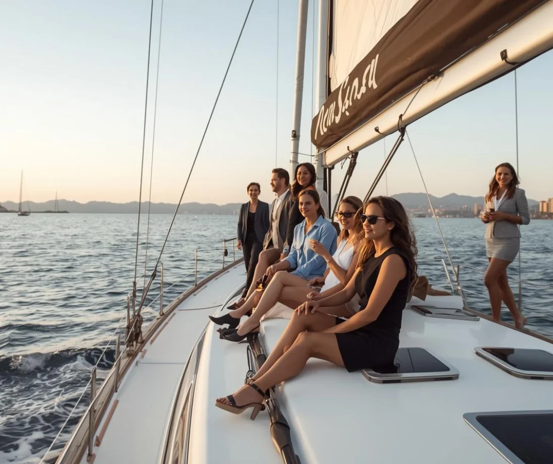 Tres persones parlant relaxadament en un veler de luxe davant l’skyline de Barcelona al capvespre