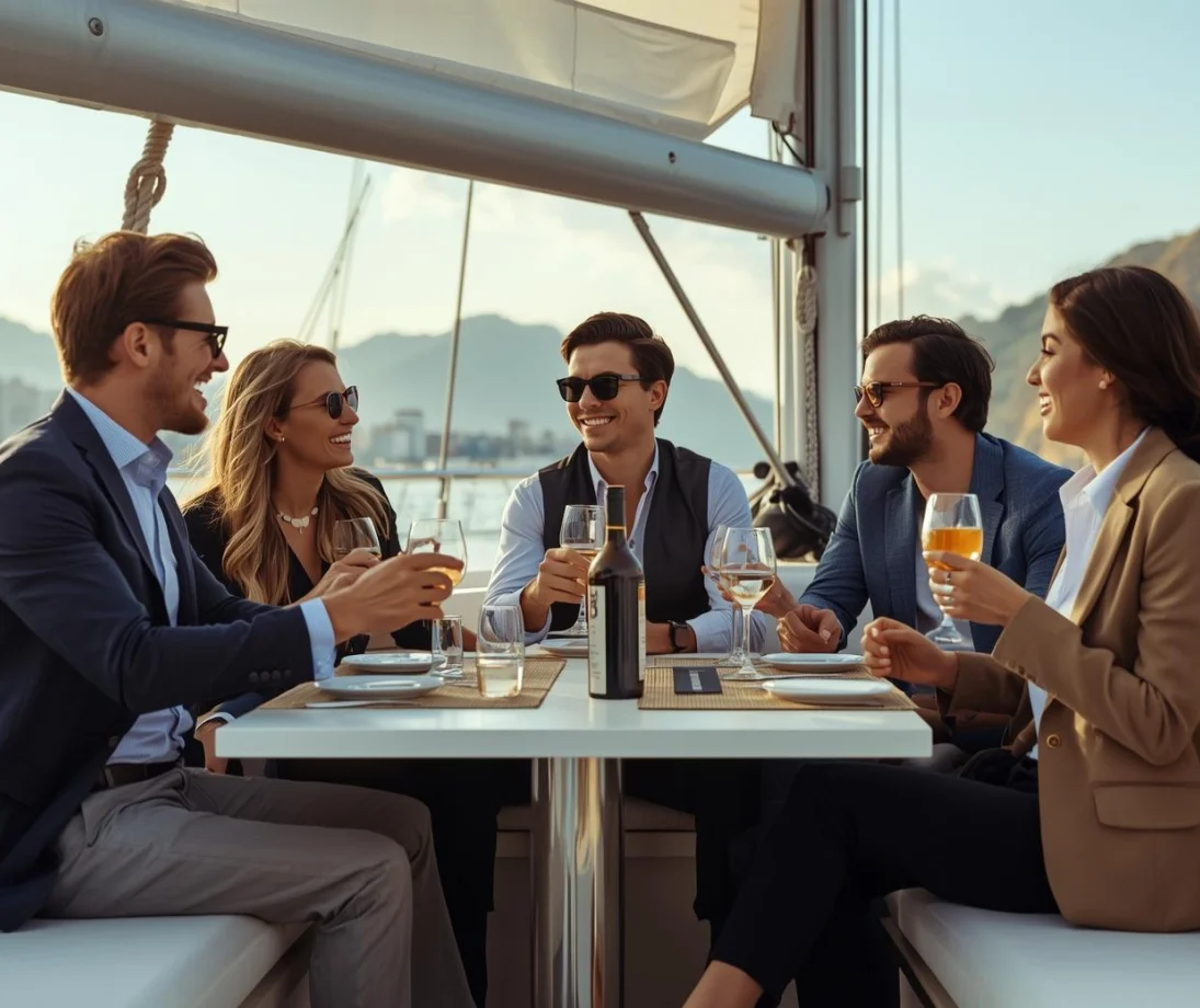 Drei entspannt plaudernde Personen auf einer Luxussegelyacht vor der Skyline von Barcelona bei Sonnenuntergang