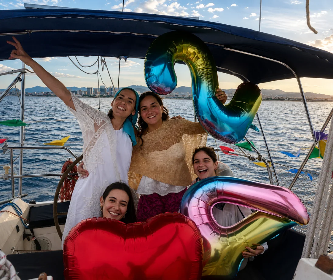 Tres personas hablando relajadas en un velero de lujo frente al skyline de Barcelona al atardecer