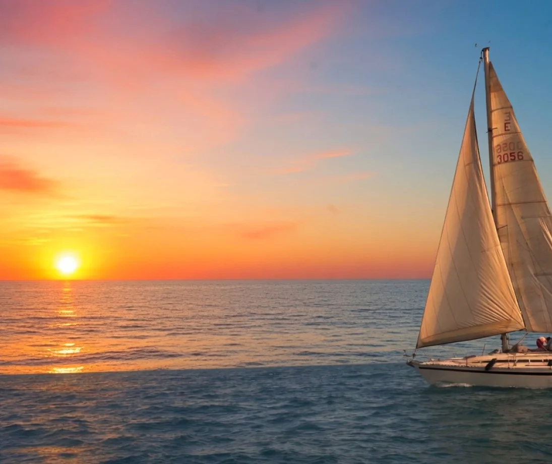 Tres personas hablando relajadas en un velero de lujo frente al skyline de Barcelona al atardecer