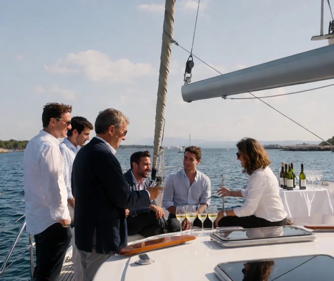 Drei entspannt plaudernde Personen auf einer Luxussegelyacht vor der Skyline von Barcelona bei Sonnenuntergang