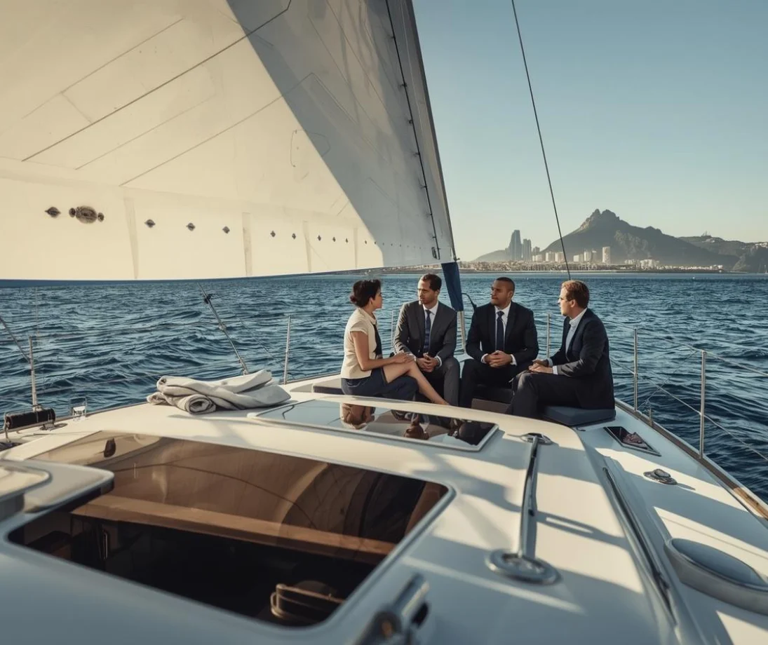 Tre persone che parlano rilassate su uno yacht di lusso di fronte allo skyline di Barcellona al tramonto