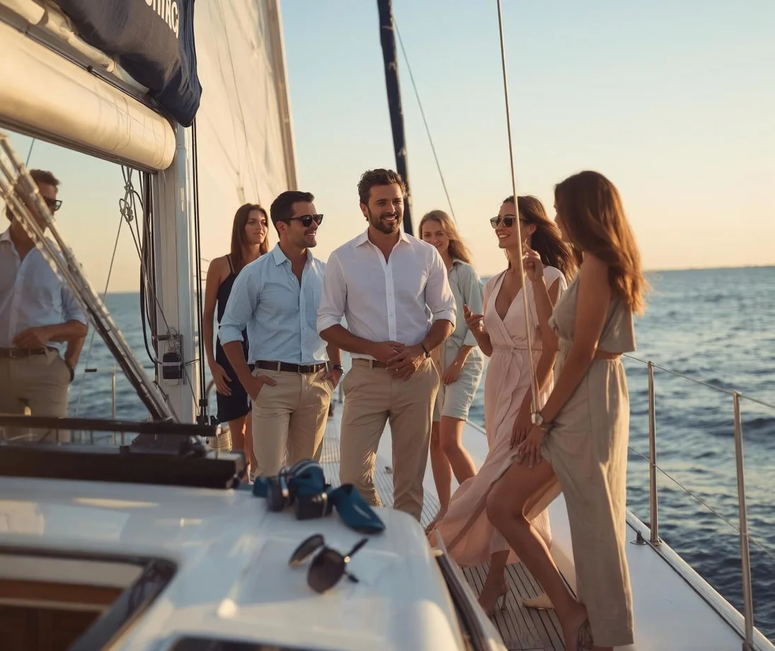 Tres personas hablando relajadas en un velero de lujo frente al skyline de Barcelona al atardecer