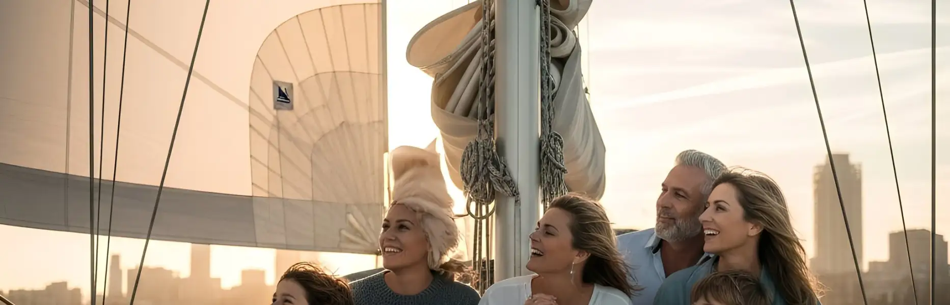 Famille profitant d’une croisière en voilier au coucher du soleil, naviguant près de la ville