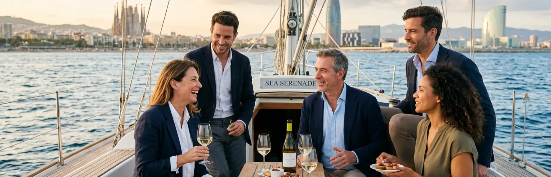 Gruppo di professionisti che gustano vino e aperitivi su una barca a vela davanti allo skyline di Barcellona al tramonto