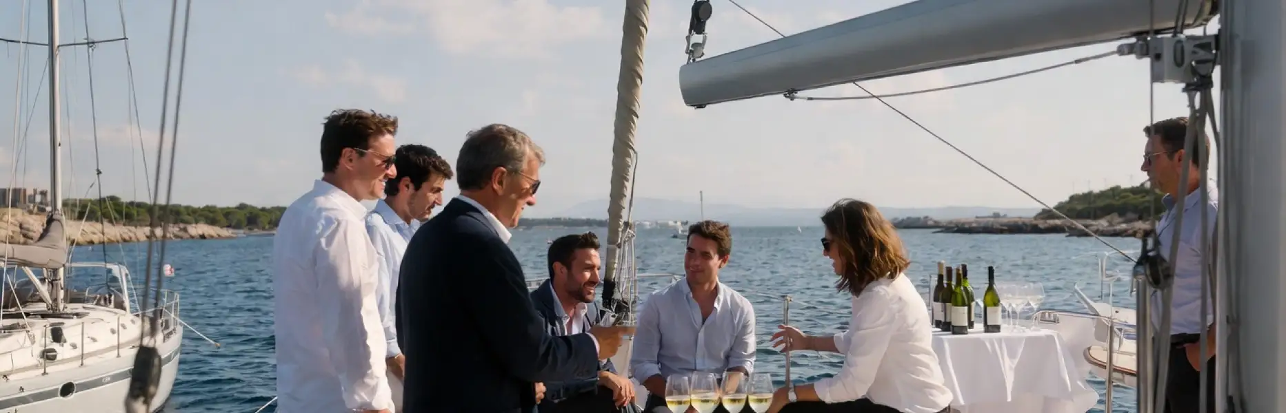 Gruppo di amici che si gode un charter di lusso in barca a vela con calici di vino sul mare