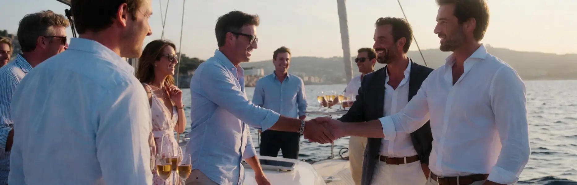Gruppo di amici eleganti che brindano e si stringono la mano sul ponte di uno yacht al tramonto