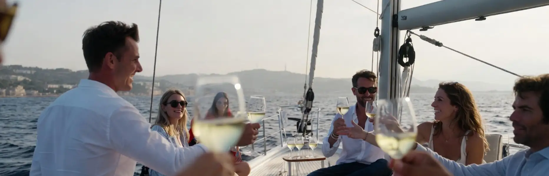 Gruppo di amici che brinda con calici di vino bianco su una barca a vela a noleggio al tramonto