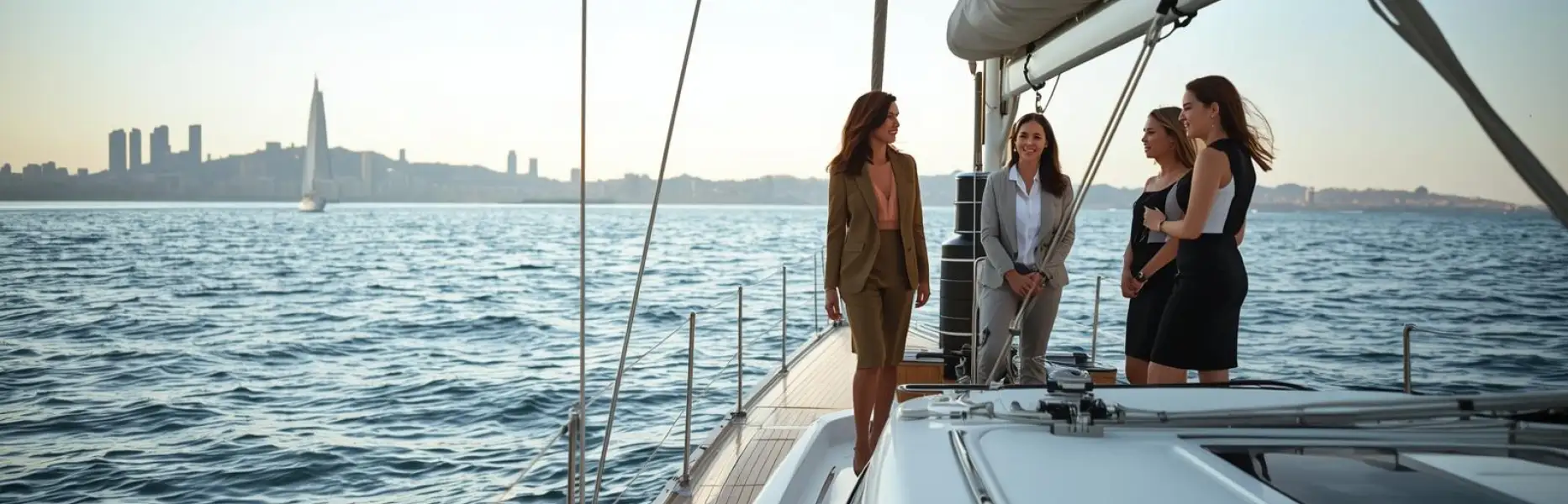 Gruppo di donne che chiacchierano sul ponte di uno yacht di lusso al tramonto con la città sullo sfondo
