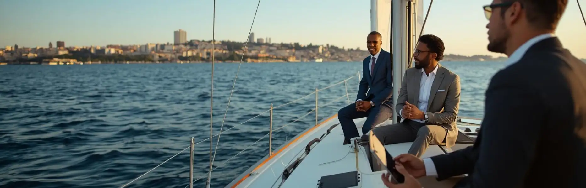 Dirigenti riuniti su uno yacht di lusso durante un charter al tramonto di fronte alla città