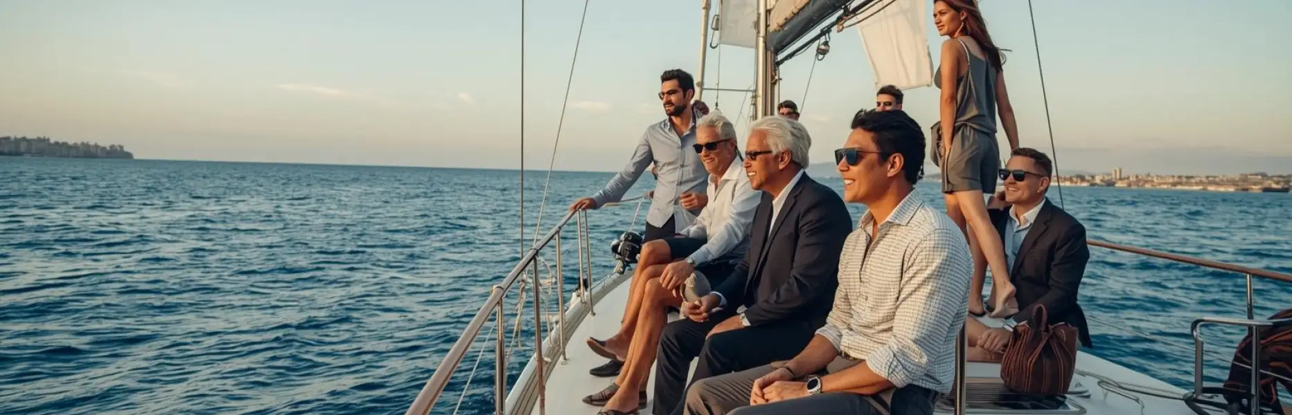 Grupo de personas disfrutando de un charter en velero de lujo al atardecer navegando por el mar