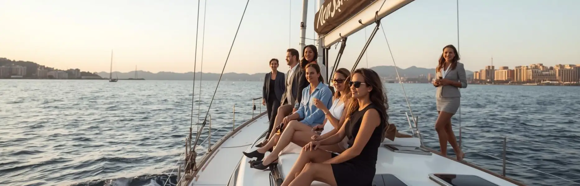 Group of friends enjoying a luxury yacht charter at sunset on the open sea