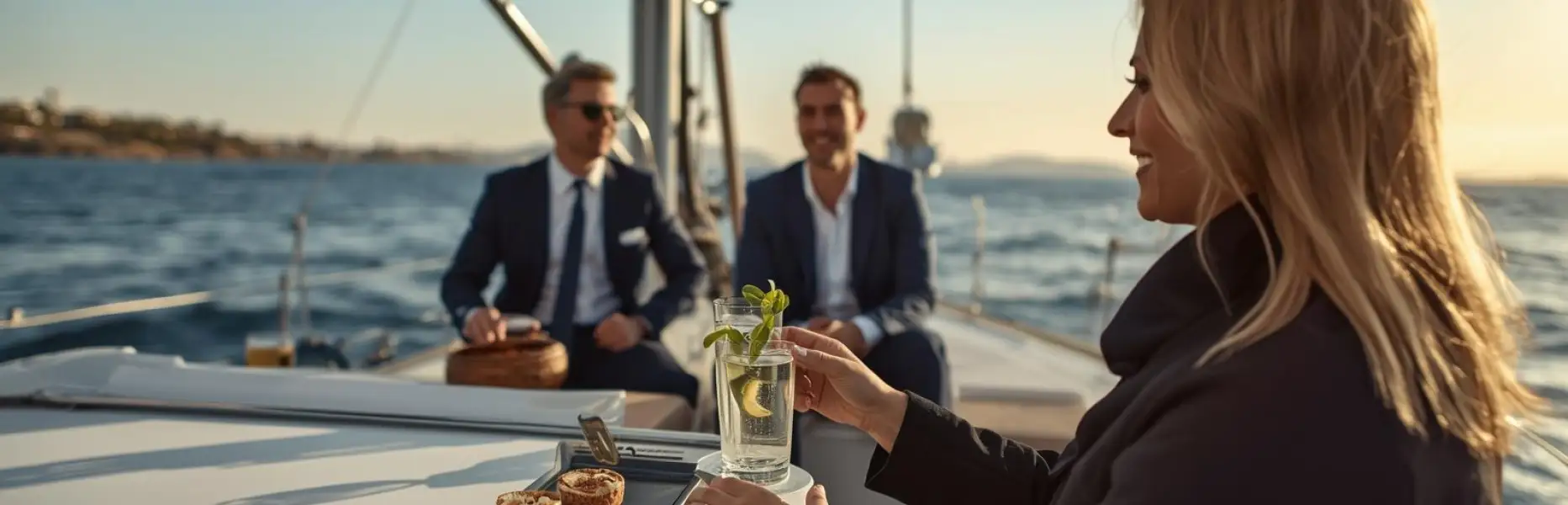 Frau, die bei Sonnenuntergang auf einer Luxusyacht einen Cocktail genießt, während im Hintergrund zwei Männer mitsegeln