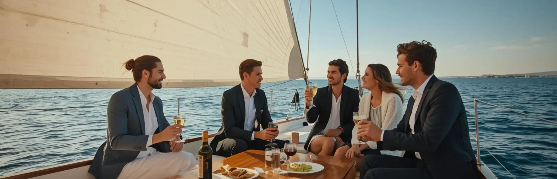 Grup de joves ben vestits brindant amb copes a la coberta d’un veler de luxe durant un xàrter al capvespre