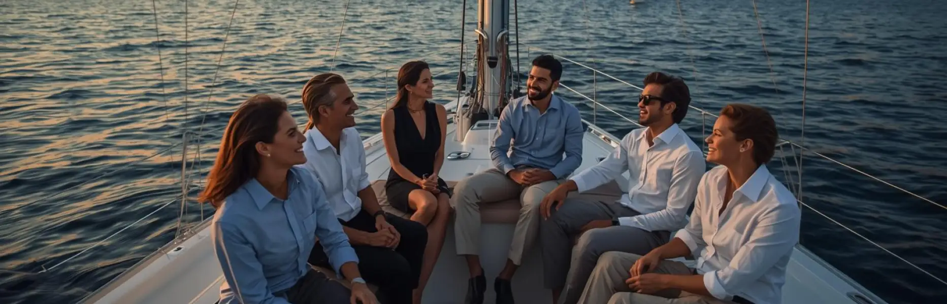 Gruppe von Fachleuten, die sich entspannt auf einer Luxusyacht bei Sonnenuntergang vor der Küste unterhalten