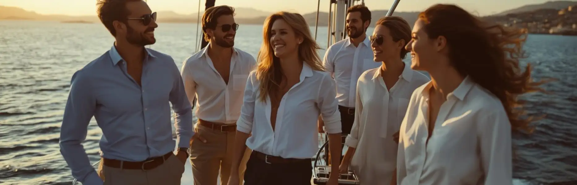 Gruppo di amici eleganti che si godono una barca a vela a noleggio al tramonto in mare