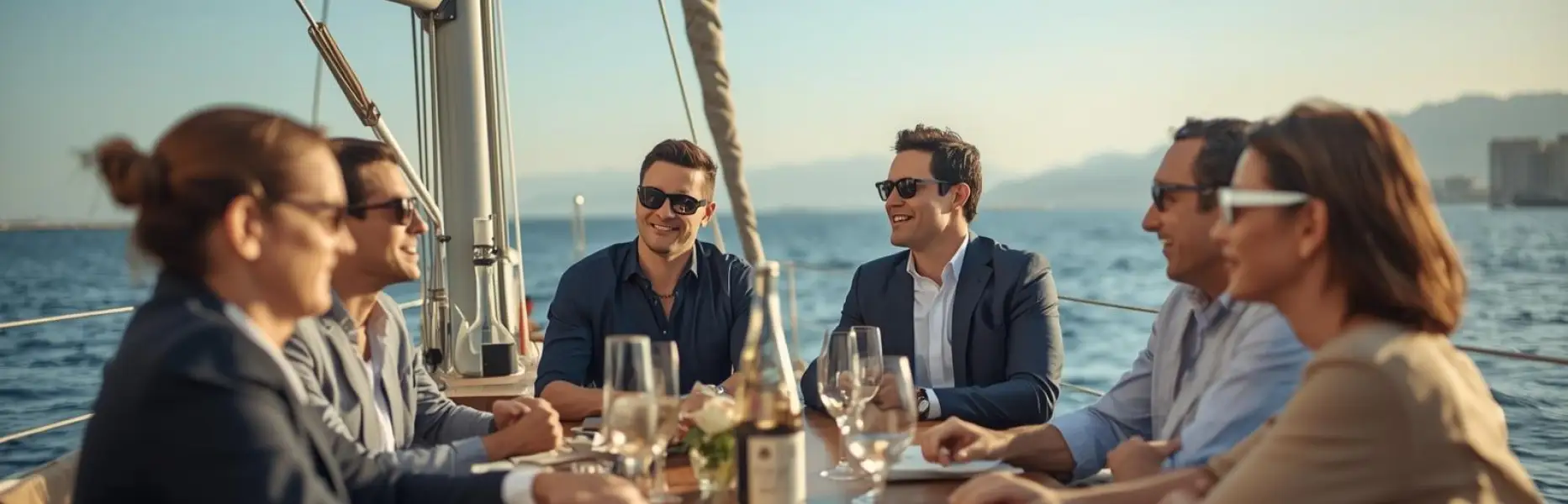Gruppe von Fachleuten, die an einem Tisch auf einer Luxusyacht bei Sonnenuntergang zusammensitzt, anstößt und sich über Geschäfte auf hoher See unterhält