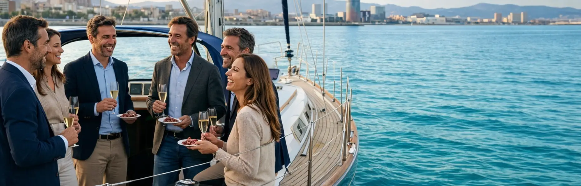 Groupe d'amis portant un toast avec du cava sur un voilier de luxe face à la mer et à la skyline de Barcelone