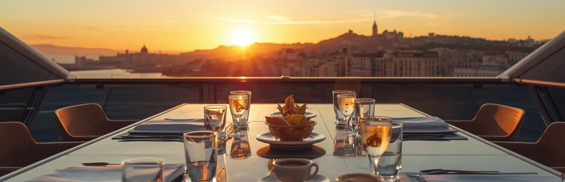 Elegant gedeckter Tisch bei Sonnenuntergang auf einer Charteryacht mit Blick auf die Stadt und das Meer