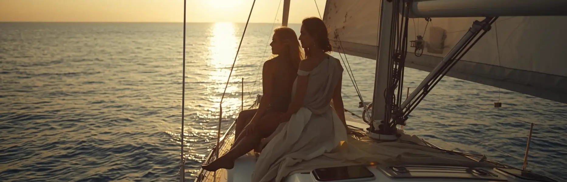 Zwei Personen genießen den Sonnenaufgang über dem Mittelmeer vom Bug einer Segelyacht in Barcelona aus
