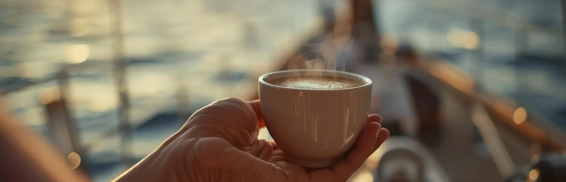 Hand holding a hot cup of coffee at sunrise on the deck of a sailboat with the calm sea in the background