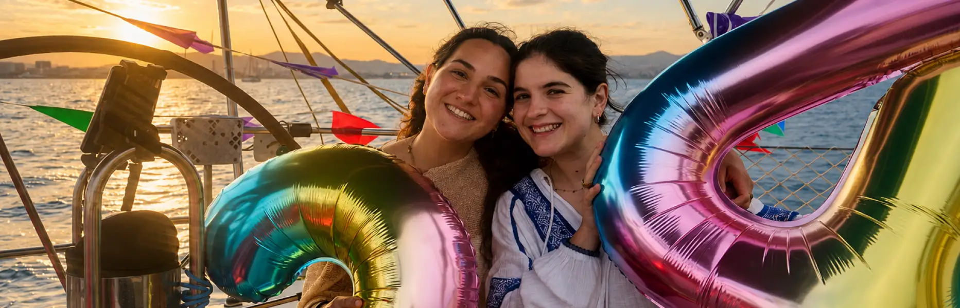 Dos chicas celebrando cumpleaños en un velero privado en Barcelona al atardecer con globos de números