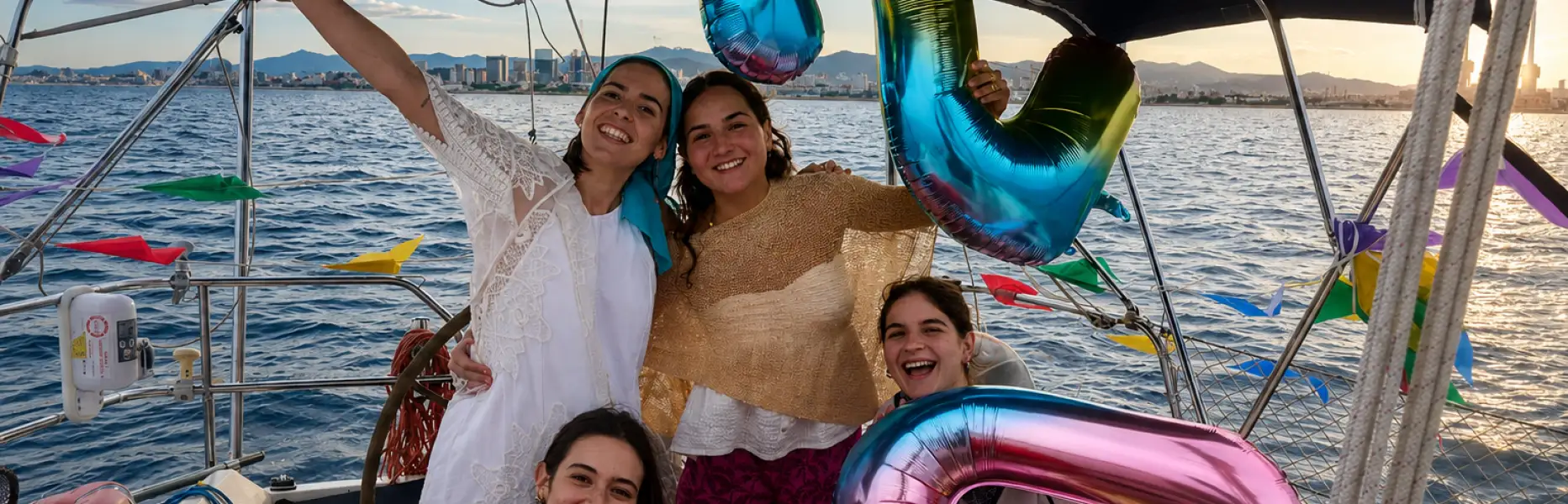 Grup d’amigues celebrant un aniversari en un veler privat a Barcelona amb globus de colors al capvespre