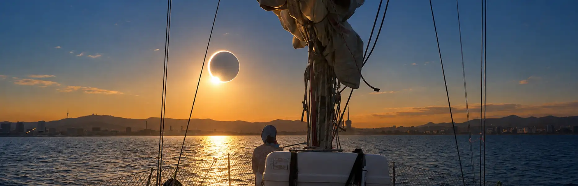 Person am Bug eines Segelbootes, die bei Sonnenuntergang vor der Küste von Barcelona eine Sonnenfinsternis beobachtet