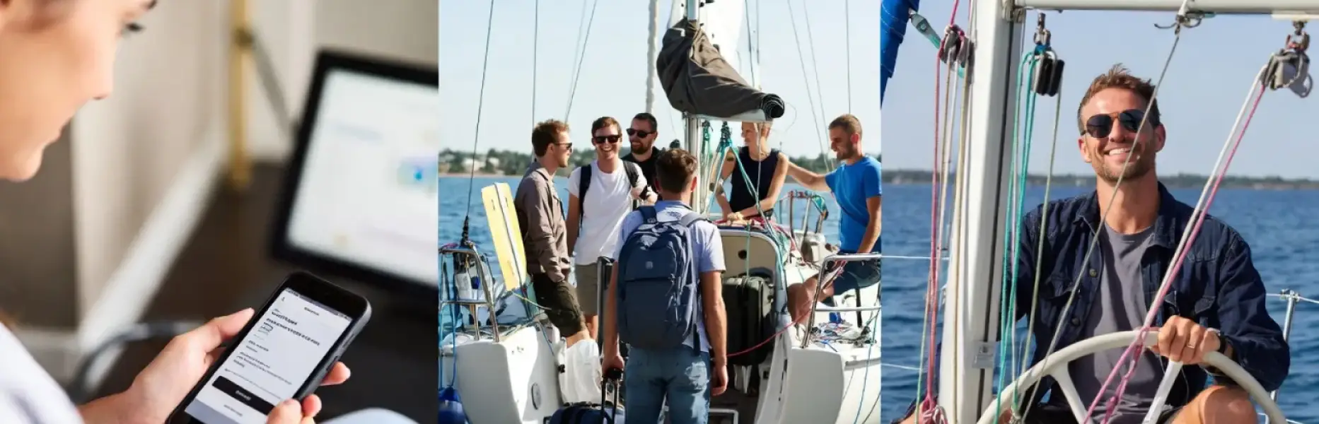 Freundesgruppe, die auf ein gechartertes Segelboot geht, während sie ihren Bootsurlaub bequem mit dem Handy bucht