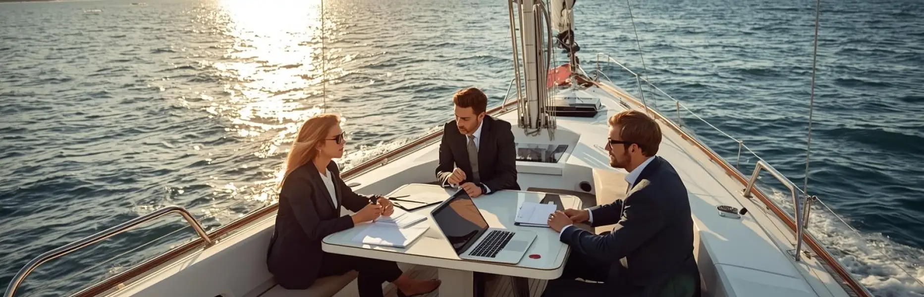Executives in suits working on laptops during a business meeting on board a luxury yacht at sunset