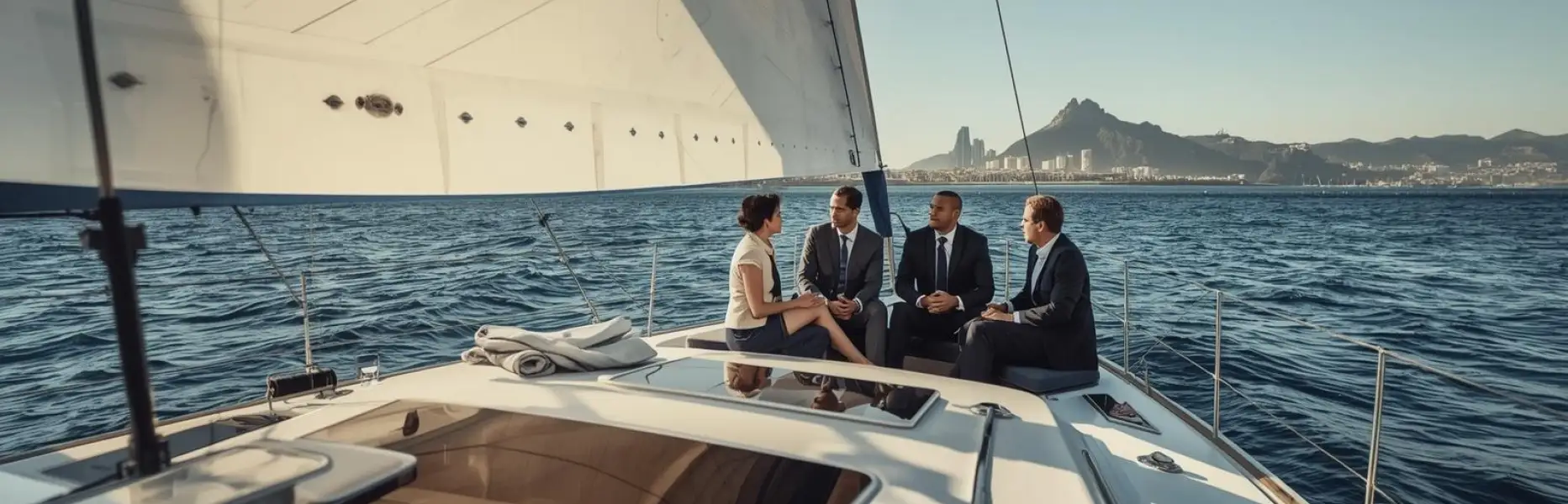 Group of executives gathered on the deck of a luxury yacht sailing off the coast of a large city