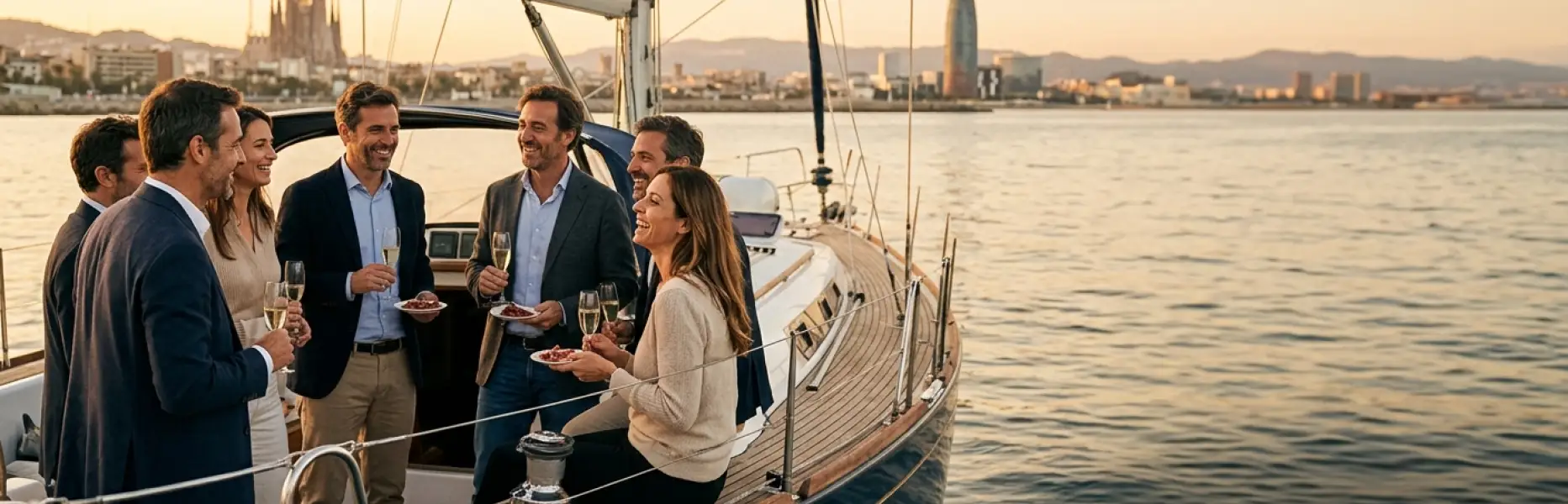Grupo de amigos disfrutando de un charter de lujo al atardecer frente al skyline de Barcelona