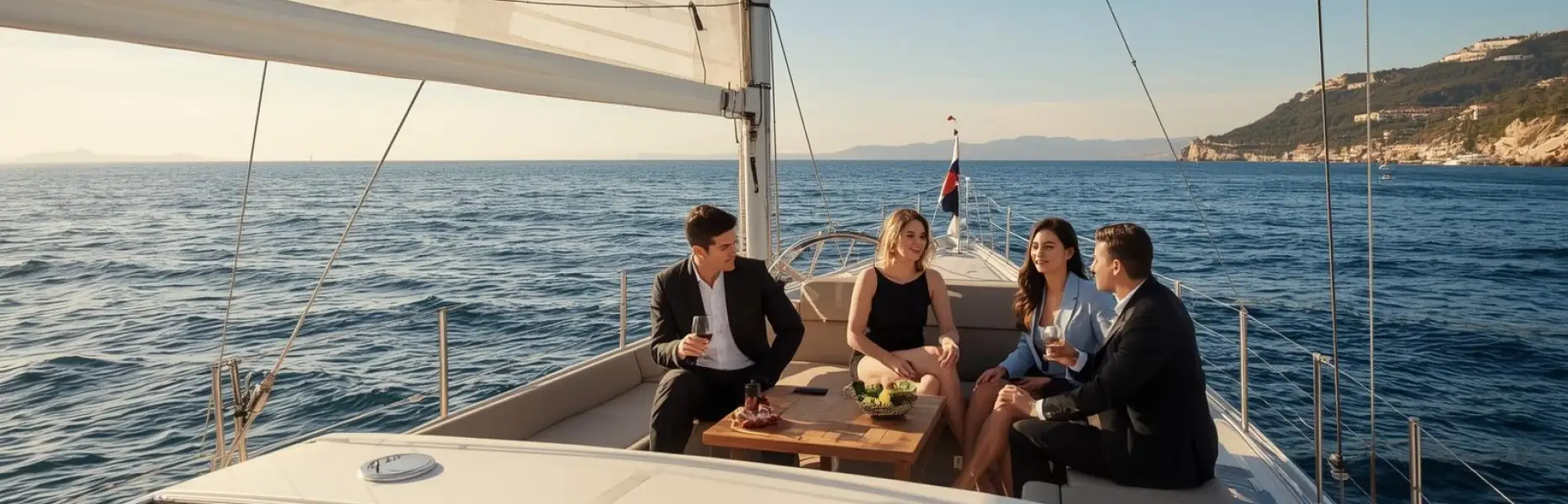 Grupo de amigos disfrutando de un charter de lujo en velero al atardecer con copas y aperitivos en alta mar