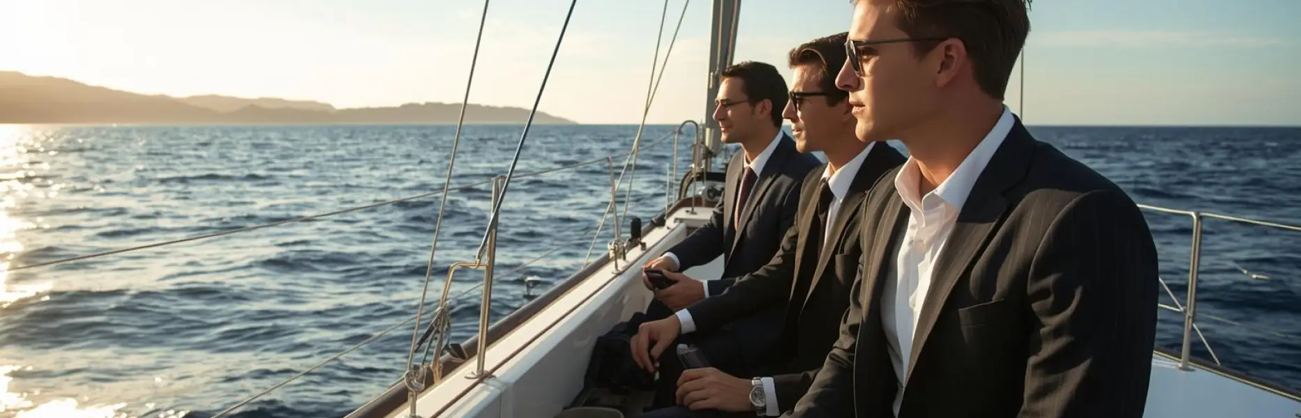 Tres ejecutivos con trajes formales sentados en la cubierta de un velero navegando en un charter de lujo al atardecer